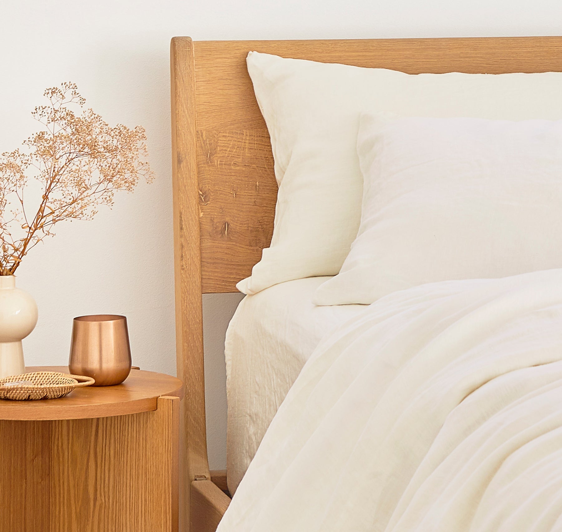 bed with light beige hemp bedding